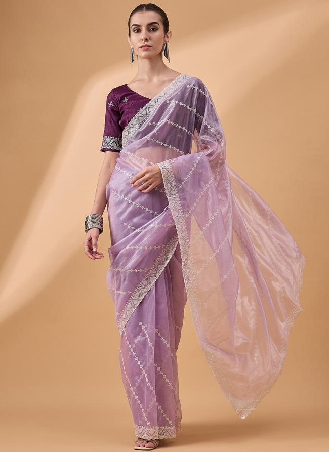 Organza Purple Party Wear Embroidery Work Saree